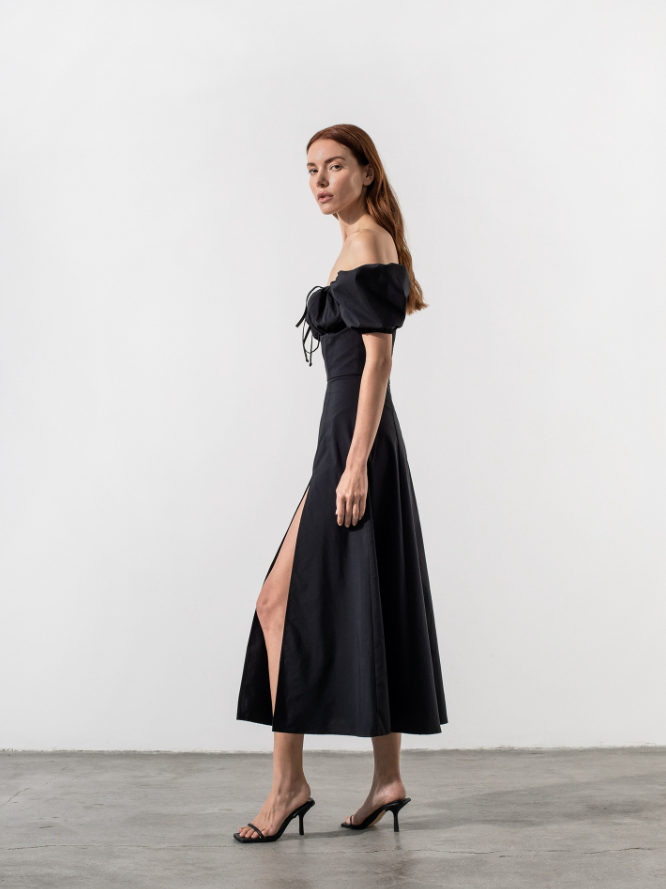 TALLULAH PUFF SLEEVE MIDI DRESS  - Black