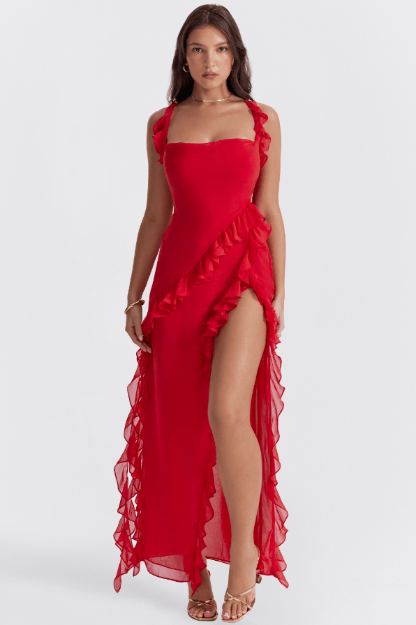 ARIELA CHERRY RUFFLE  ASYMMETRIC COCKTAIL MAXI DRESS - Red