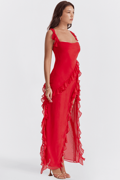 ARIELA CHERRY RUFFLE  ASYMMETRIC COCKTAIL MAXI DRESS - Red