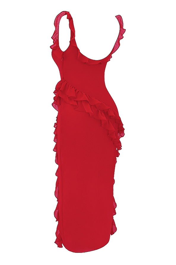 ARIELA CHERRY RUFFLE  ASYMMETRIC COCKTAIL MAXI DRESS - Red