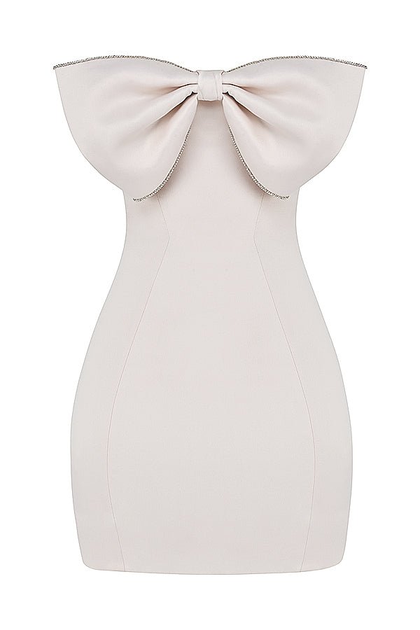 ARIELLA IVORY SATIN CRYSTAL EMBELLISHED BOW MINI  DRESS - White