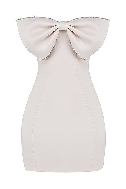 ARIELLA IVORY SATIN CRYSTAL EMBELLISHED BOW MINI  DRESS - White