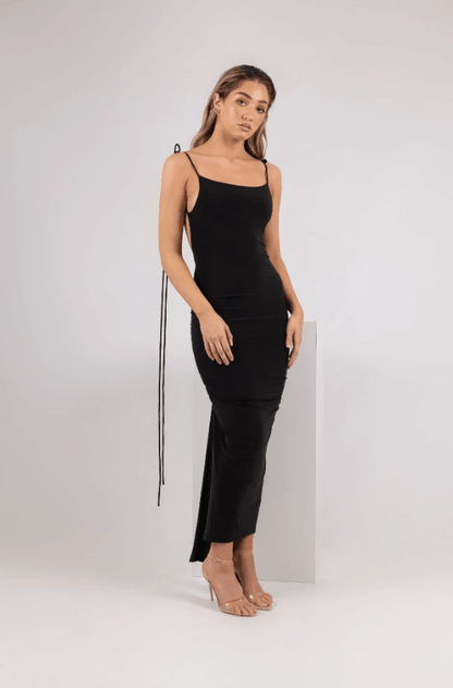 AZARI JET BLACK RUCHED  BACKLESS MAXI DRESS - Black