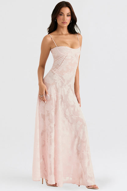 SEREN SOFT PINK FLORAL LACE BACK MAXI DRESS - Pink