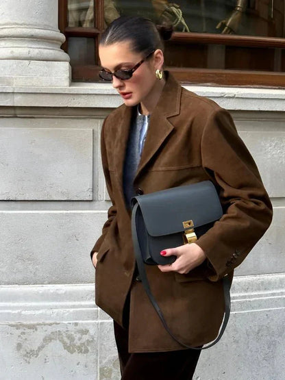 Brown Suede Buttoned Jacket