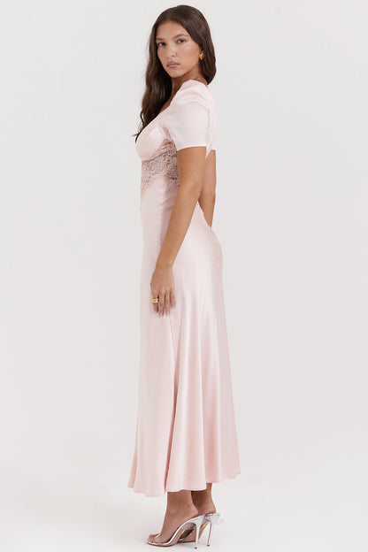 RAFAELA SOFT PEACH PURE SILK & LACE DRESS MAXI DRESS - Pink