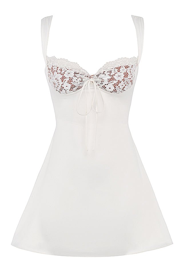 CASSANDRA IVORY SATIN AND LACE MINI DRESS - white