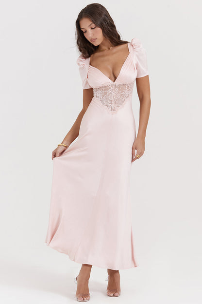 RAFAELA SOFT PEACH PURE SILK & LACE DRESS MAXI DRESS - Pink