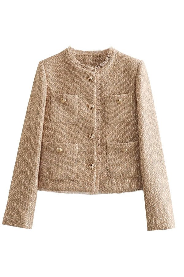 Chic Tweed Button-Down Blazer - Beige Textured Jacket