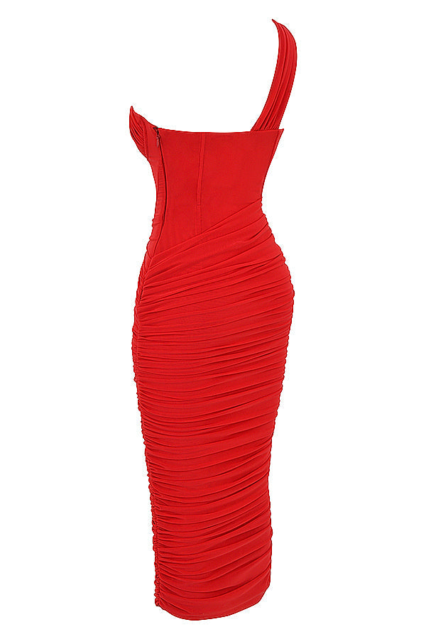 VALENTINA SCARLET ASYMMETRIC CUTOUT MIDI DRESS - Red