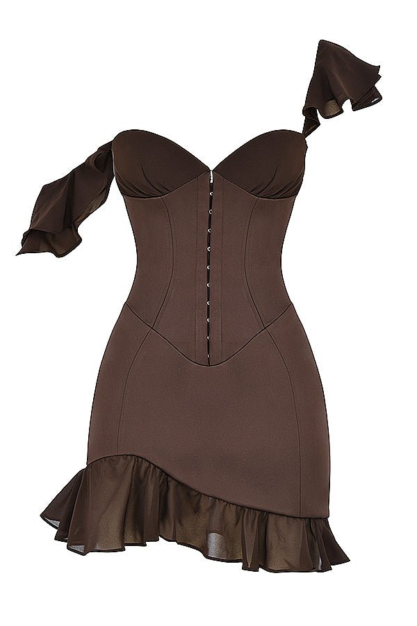 DIONNE ESPRESSO RUFFLE CORSET MINI DRESS - Brown