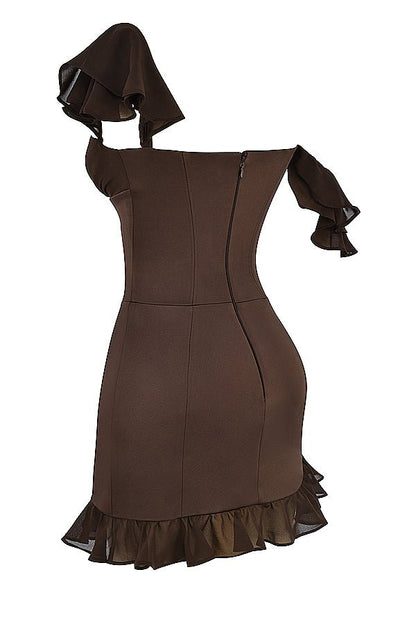 DIONNE ESPRESSO RUFFLE CORSET MINI DRESS - Brown