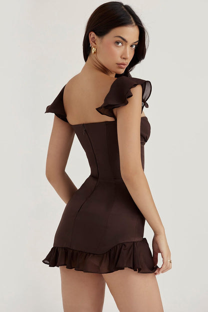 DIONNE ESPRESSO RUFFLE CORSET MINI DRESS - Brown