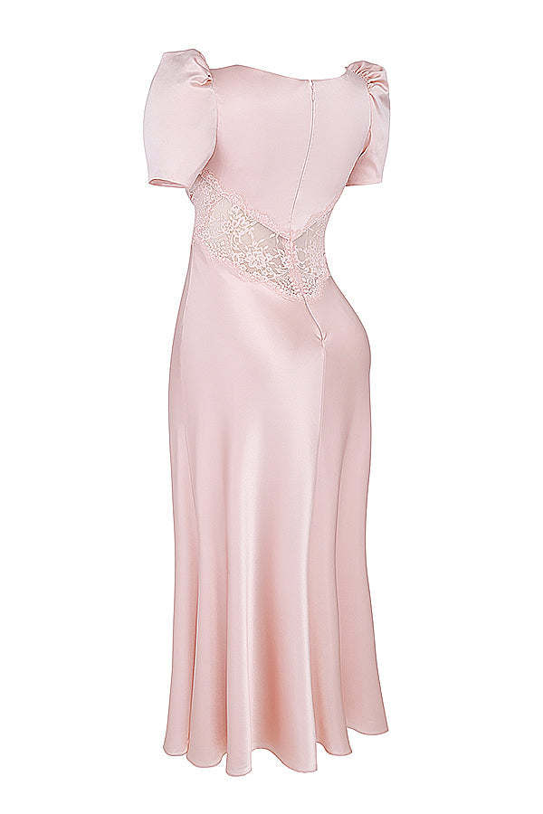 RAFAELA SOFT PEACH PURE SILK & LACE DRESS MAXI DRESS - Pink