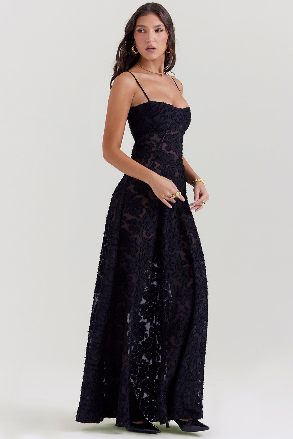 SEREN BLACK FLORAL LACE BACK MAXI DRESS - Black