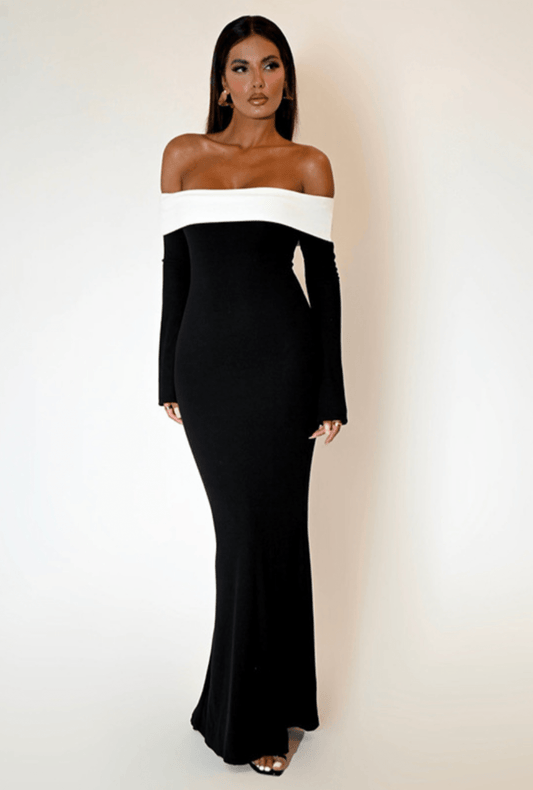 EMILION BLACK CLASSY OFF SHOULDER  MAXI DRESS - Black