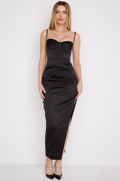 FLORA SATIN PLEATED CORSET MAXI DRESS - Black