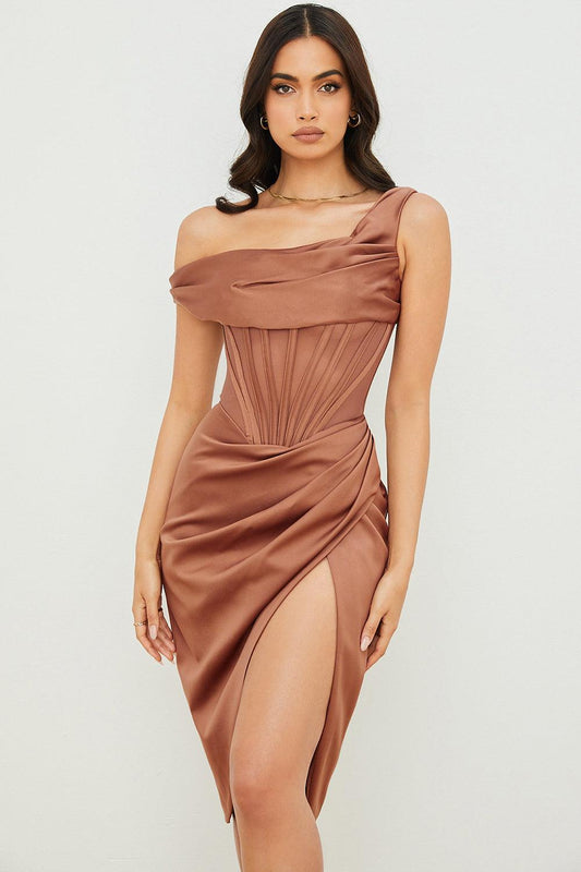 LULU Asymmetric Drape Midi Corset Dress - Brown