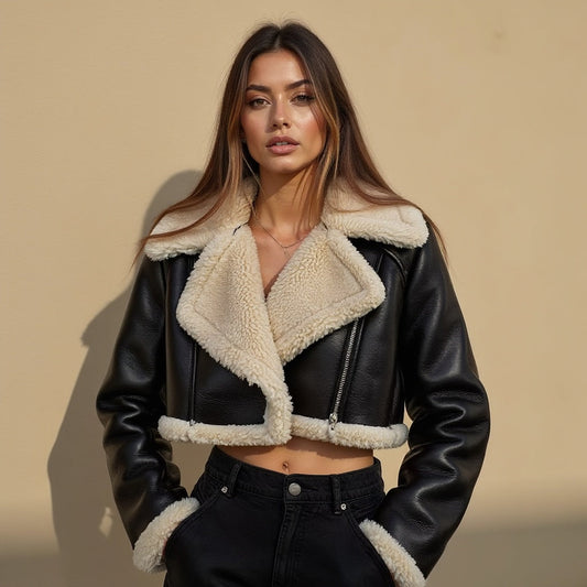 Fur Collar Cropped Faux Leather Jacket