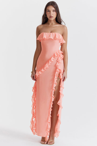 SARINA APRICO RUFFLE  ASYMMETRIC COCKTAIL MAXI DRESS - Pink