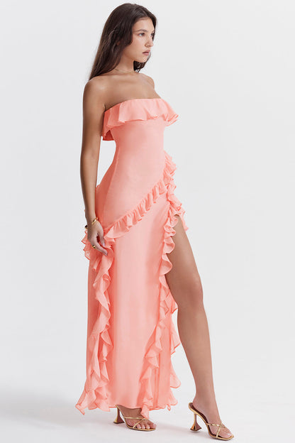 SARINA APRICO RUFFLE  ASYMMETRIC COCKTAIL MAXI DRESS - Pink