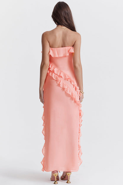 SARINA APRICO RUFFLE  ASYMMETRIC COCKTAIL MAXI DRESS - Pink