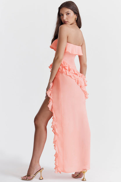 SARINA APRICO RUFFLE  ASYMMETRIC COCKTAIL MAXI DRESS - Pink