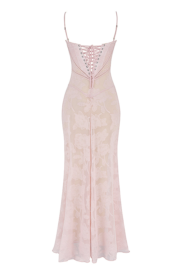 SEREN SOFT PINK FLORAL LACE BACK MAXI DRESS - Pink