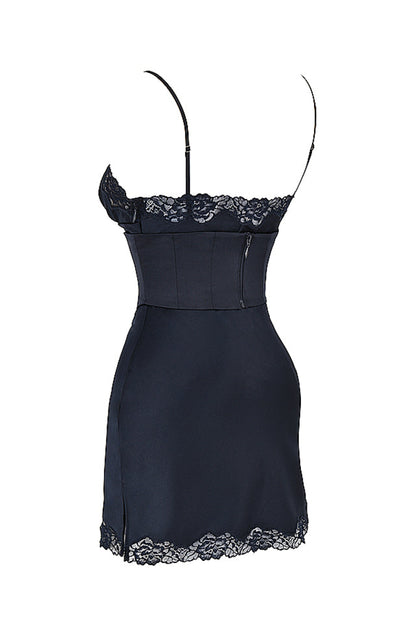 SORAYA NAVY SATIN SLIP MINI DRESS - Black