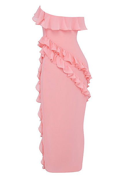 SARINA APRICO RUFFLE  ASYMMETRIC COCKTAIL MAXI DRESS - Pink