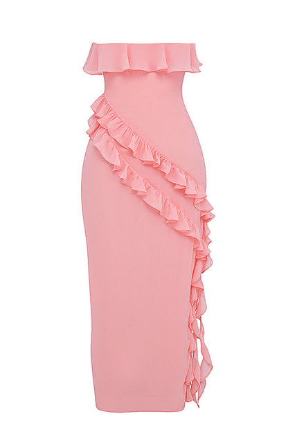 SARINA APRICO RUFFLE  ASYMMETRIC COCKTAIL MAXI DRESS - Pink