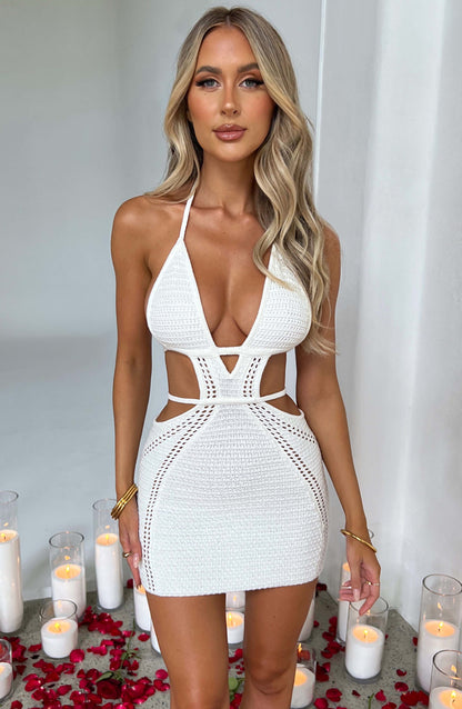 SELINI  CROCHET KNIT  CUT OUT MINI DRESS - White