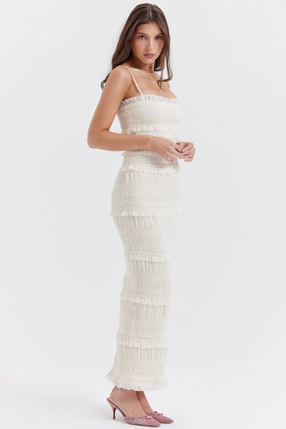 SOLANA RUFFLES IVORY SEQUIN PLEAT MAXI DRESS - White