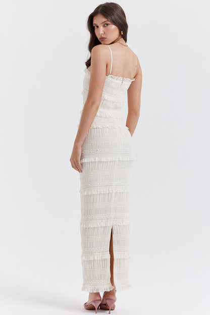 SOLANA RUFFLES IVORY SEQUIN PLEAT MAXI DRESS - White