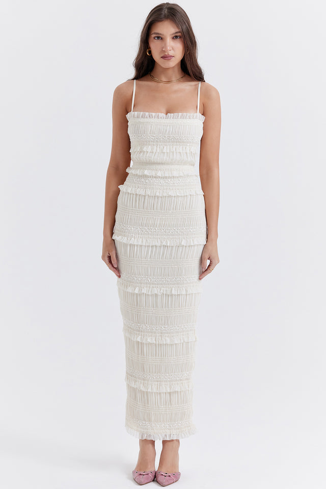 SOLANA RUFFLES IVORY SEQUIN PLEAT MAXI DRESS - White