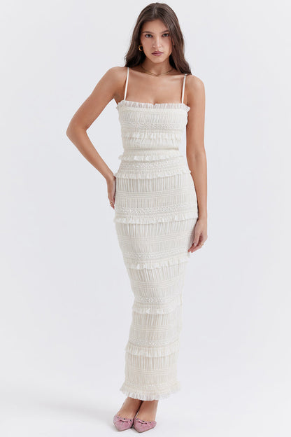 SOLANA RUFFLES IVORY SEQUIN PLEAT MAXI DRESS - White