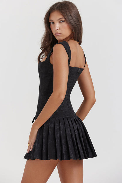 TALIA BLACK PLEATED MINI DRESS - Black