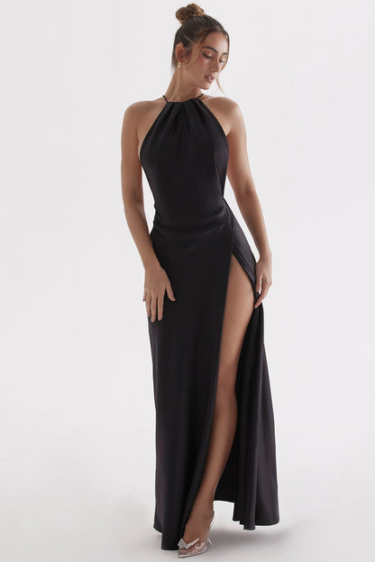 ZANAB BLACK  ASYMMETRIC THIGH SLIT MAXI DRESS - Black