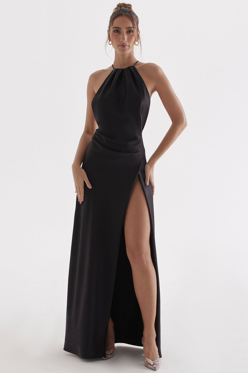 ZANAB BLACK  ASYMMETRIC THIGH SLIT MAXI DRESS - Black